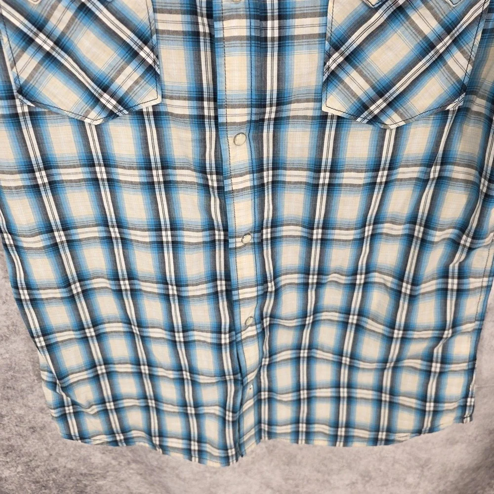 True Religion Western Shirt Mens XL Blue Plaid Pearl Snap Cowboy Rodeo Sawtooth*